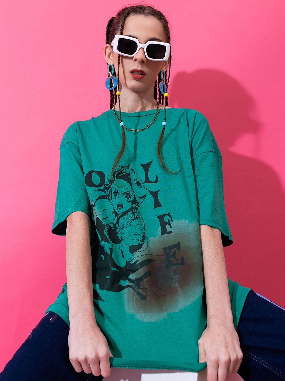 

Stylecast X Hersheinbox Women Printed Drop-Shoulder Sleeves Cotton Oversized T-shirt, Green