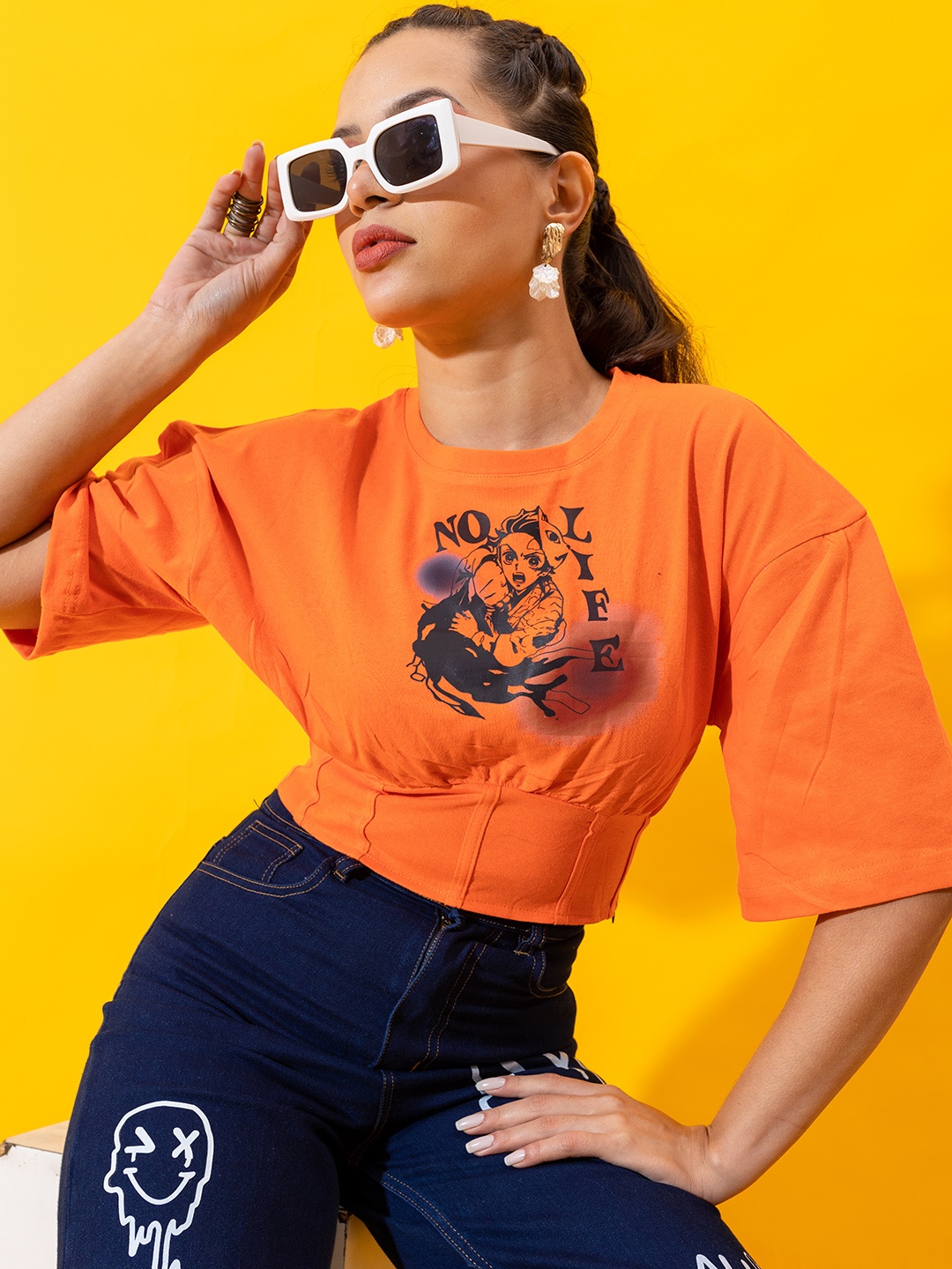 

Stylecast X Hersheinbox Pure Cotton Graphic Print Empire Crop Top, Orange