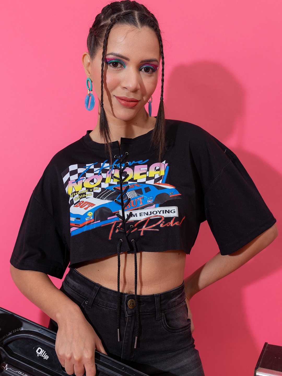 

Stylecast X Hersheinbox Pure Cotton Printed Lace-Up Drop-Shoulder Sleeves Boxy Crop Top, Black