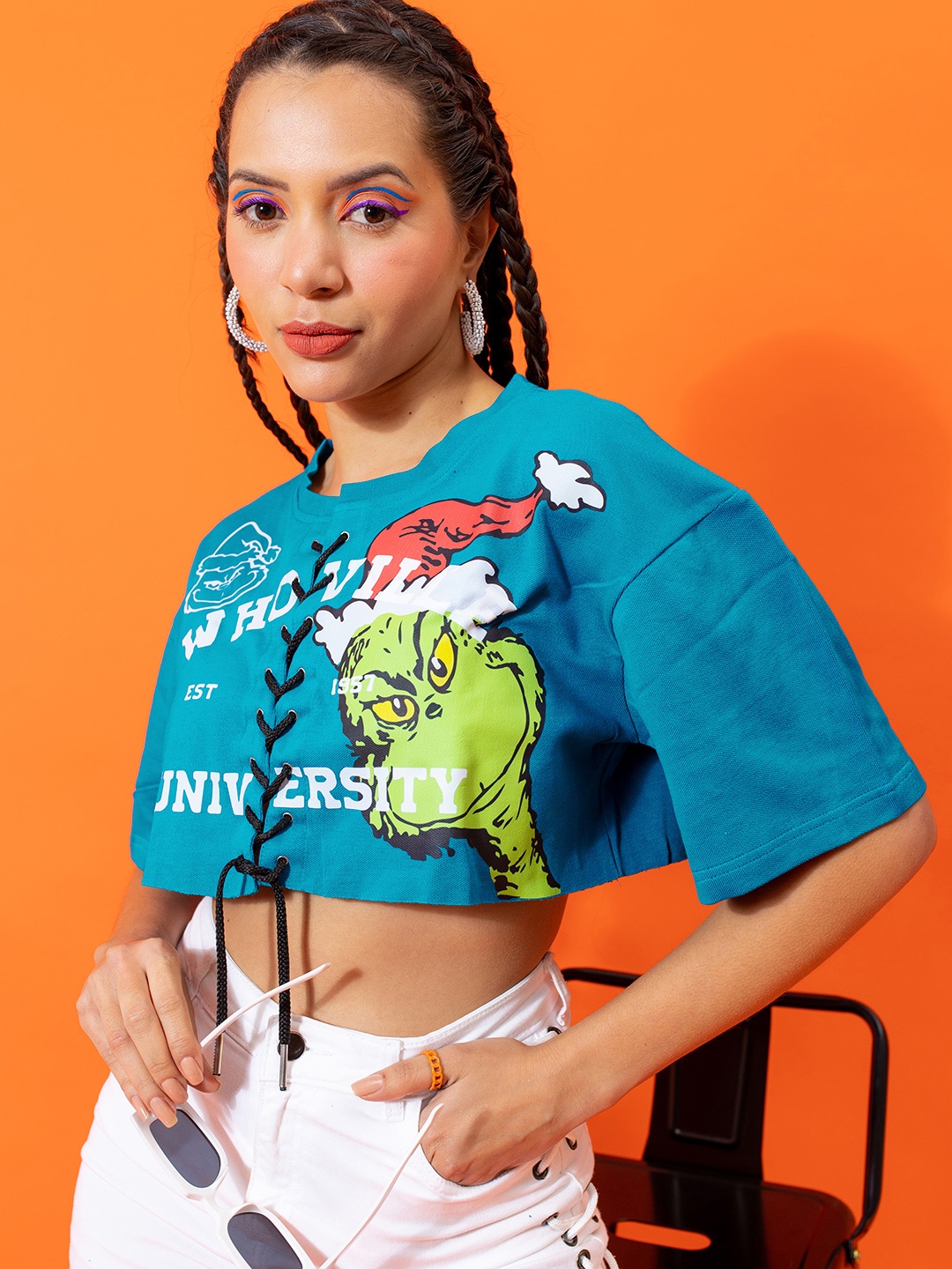 

Stylecast X Hersheinbox Pure Cotton Print Extended Sleeves Boxy Crop Top, Blue