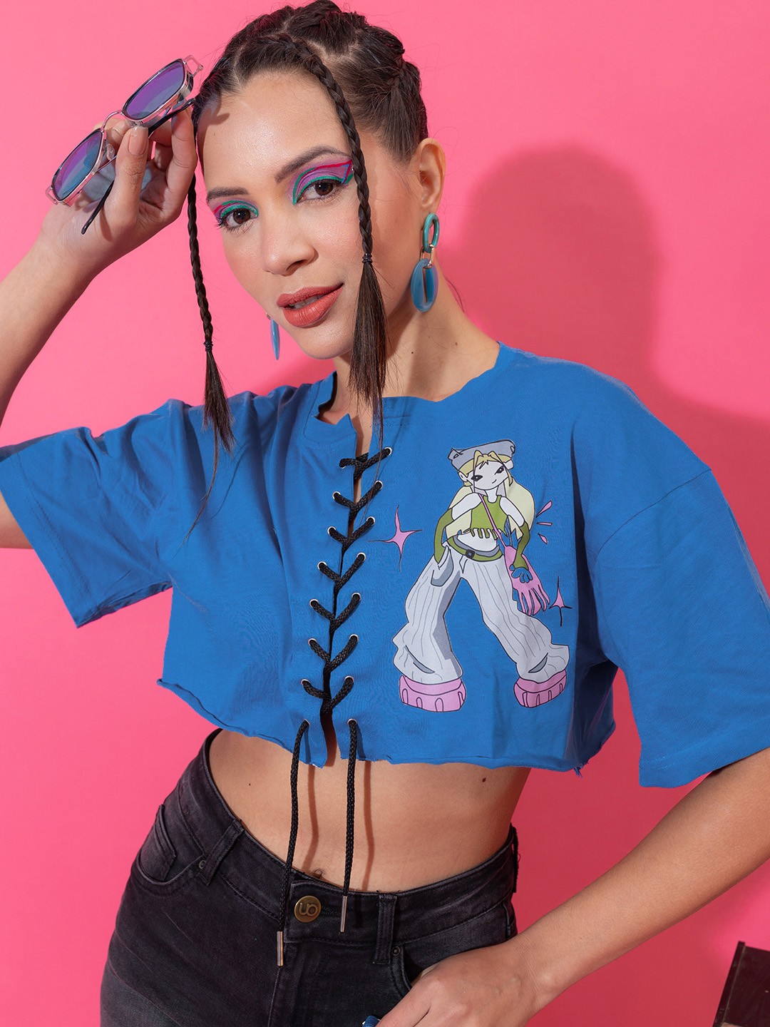 

Stylecast X Hersheinbox Pure Cotton Printed Lace-Up Drop-Shoulder Sleeves Boxy Crop Top, Blue