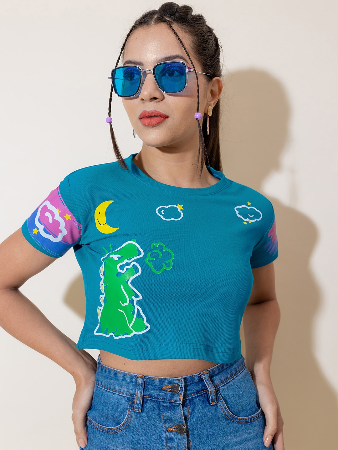 

Stylecast X Hersheinbox Pure Cotton Graphic Printed Crop T-shirt, Blue