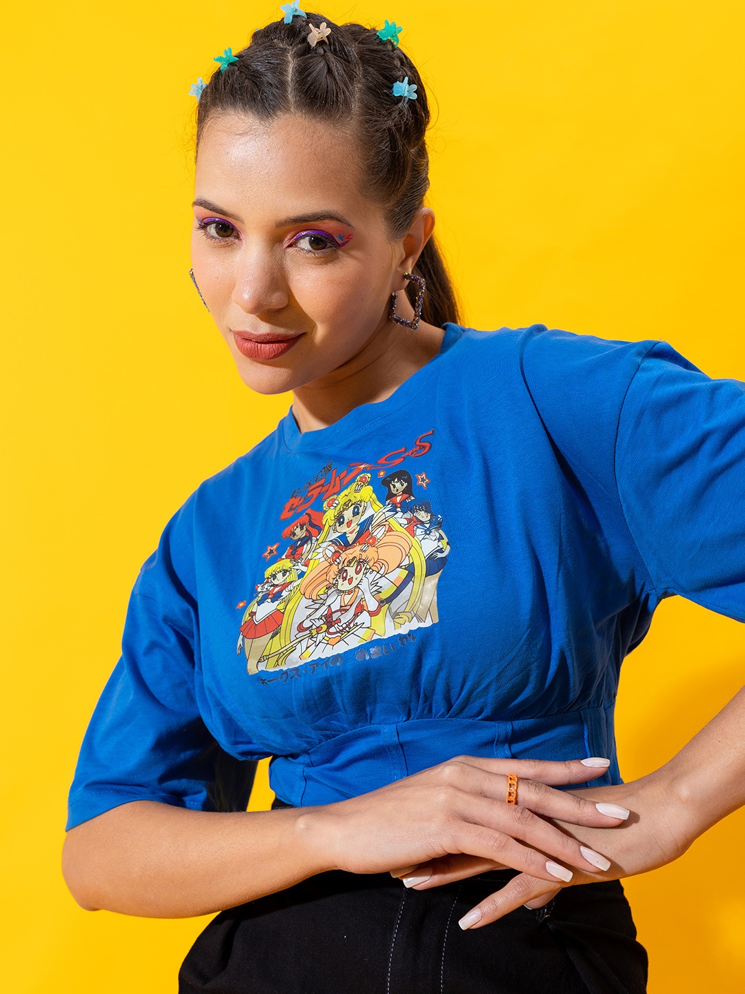 

Stylecast X Hersheinbox Pure Cotton Print Drop Shoulder Sleeves Top, Blue