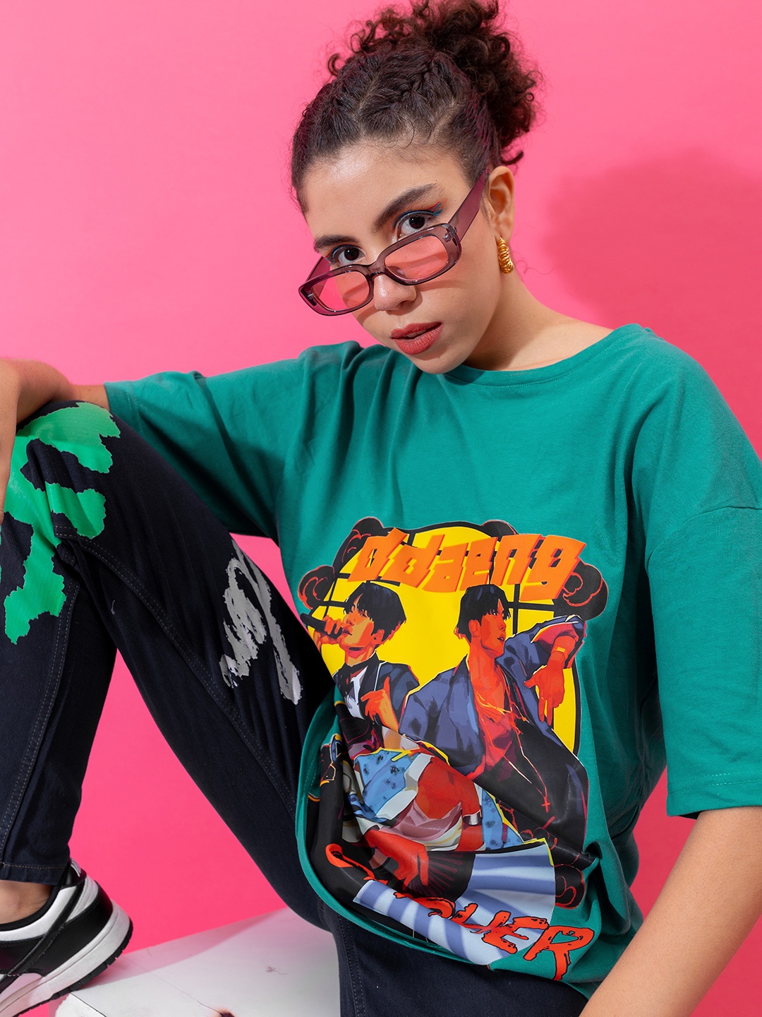 

Stylecast X Hersheinbox Women Pure Cotton Printed Drop-Shoulder Sleeves Oversized T-shirt, Green