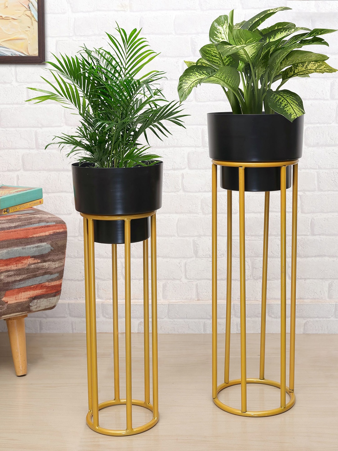 

Homesake Set Of 2 Round Base Metal Planters With Pot, Gold