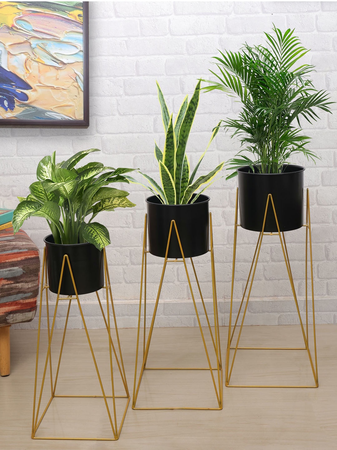 

Homesake Set Of 3 Planters With Black Pot, Gold