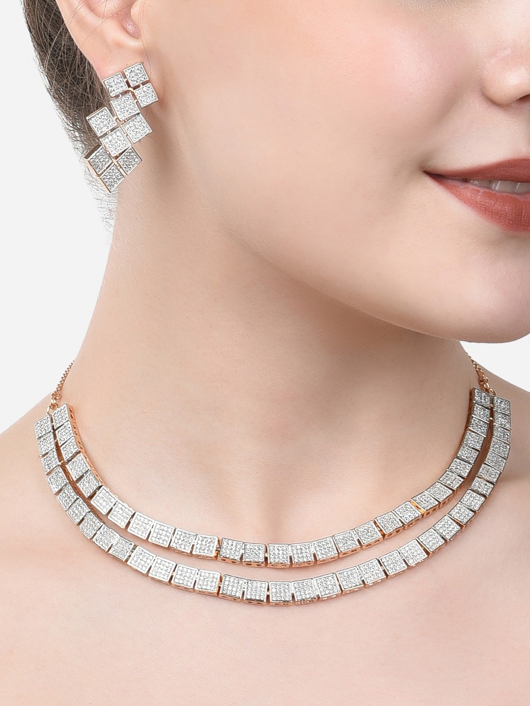

Zaveri Pearls Women Rose Gold-Plated CZ Studded Jewellery Set, White