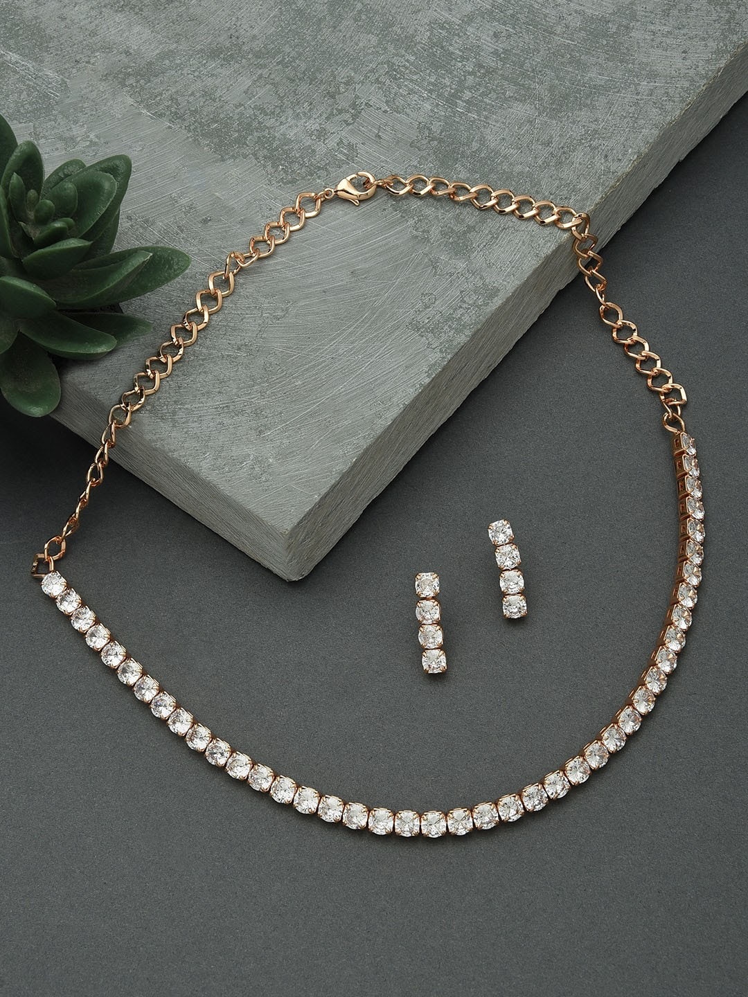 

Zaveri Pearls Women Rose Gold-Plated CZ Stone-Studded Jewellery Set, White