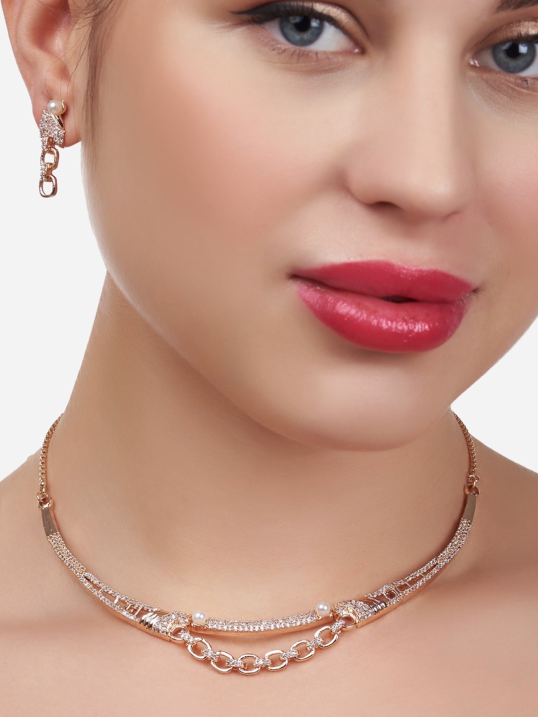 

Zaveri Pearls Women Rose Gold-Plated CZ Stones Studded Jewellery Set, White