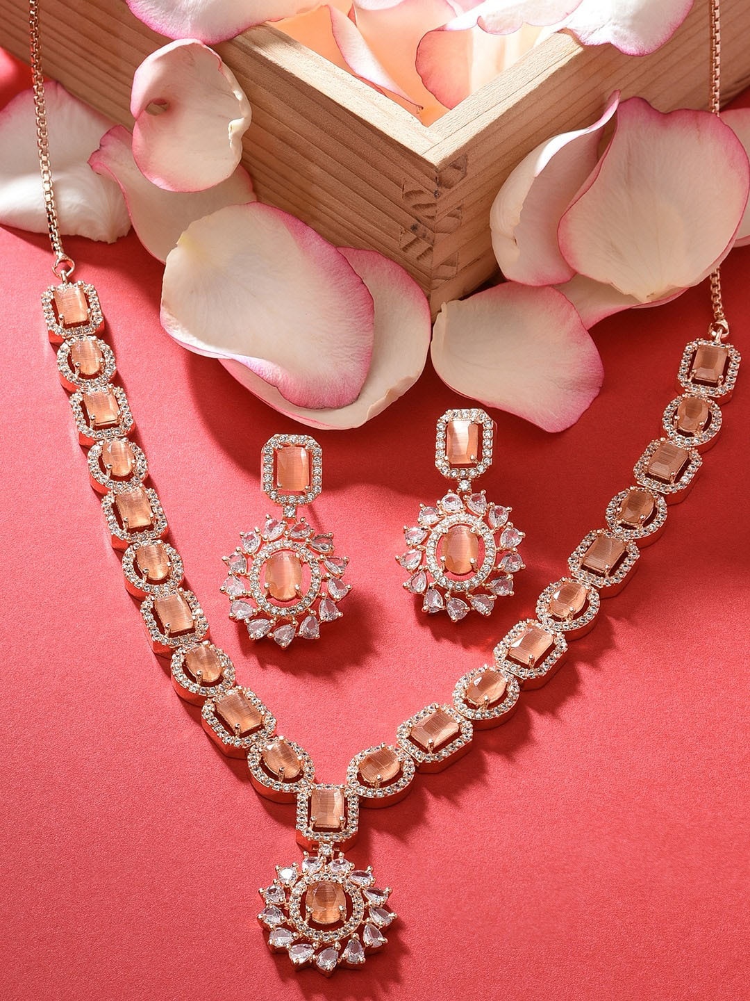 

Zaveri Pearls Women Rose Gold-Plated CZ Studded Jewellery Set, White