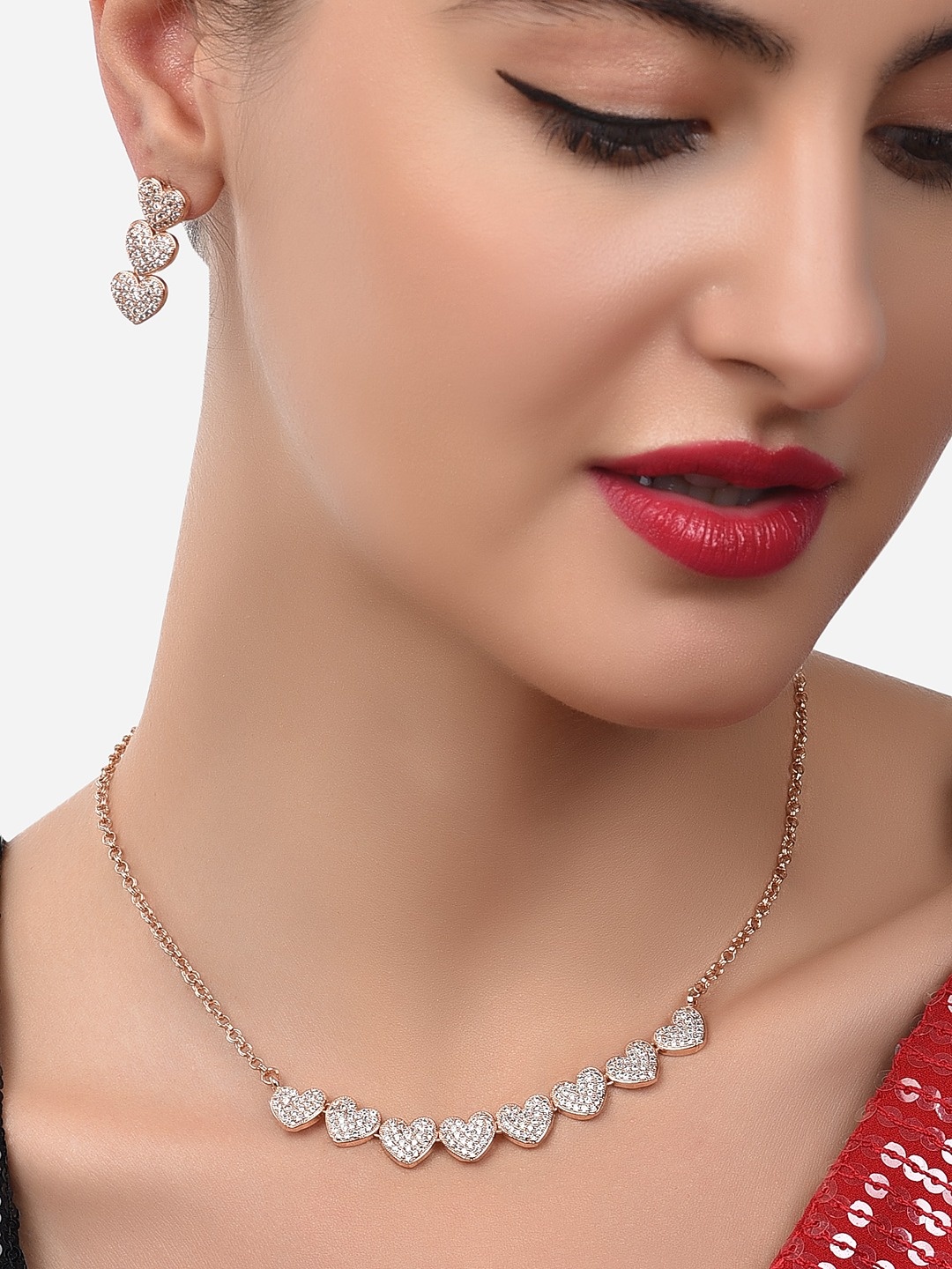 

Zaveri Pearls Rose Gold-Plated CZ Stones Studded Jewellery Set