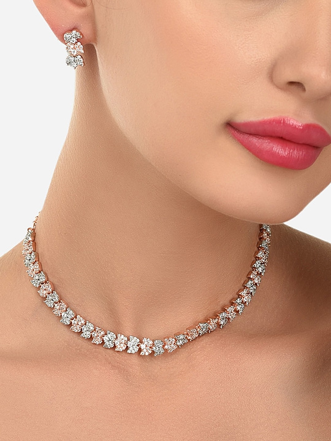 

Zaveri Pearls Rose Gold-Plated Cubic Zirconia Studded Jewellery Set
