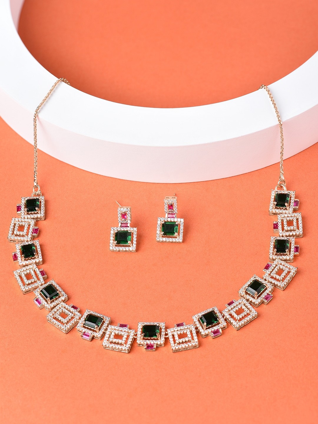 

Zaveri Pearls Rose Gold-Plated CZ Stone-Studded Square shape Jewellery Set