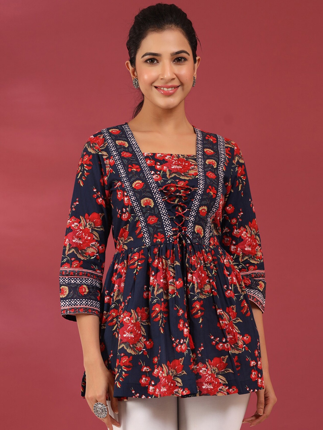 

Rain & Rainbow Navy Blue Pure Cotton Floral Print Top