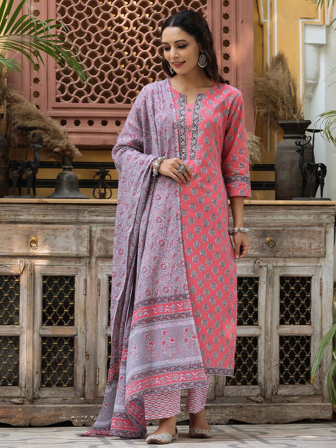 

Rain & Rainbow Women Ethnic Printed Pure Cotton Kurta with Trousers & Dupatta, Peach