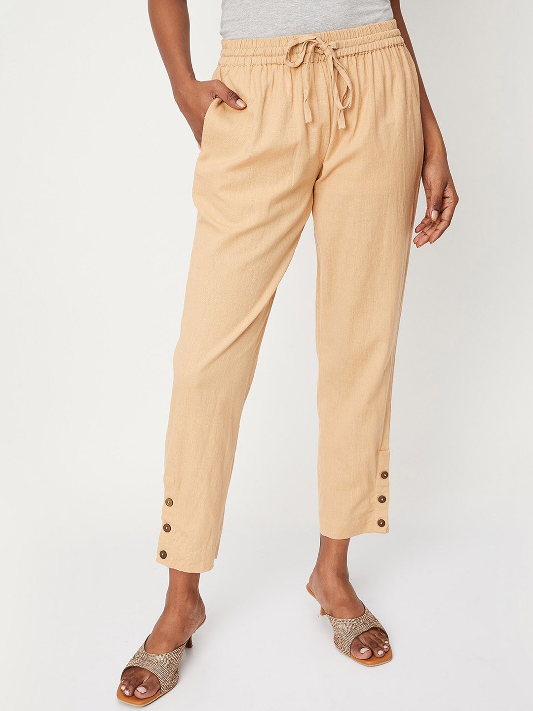 

max Women Solid Cotton Regular Fit Trousers, Beige