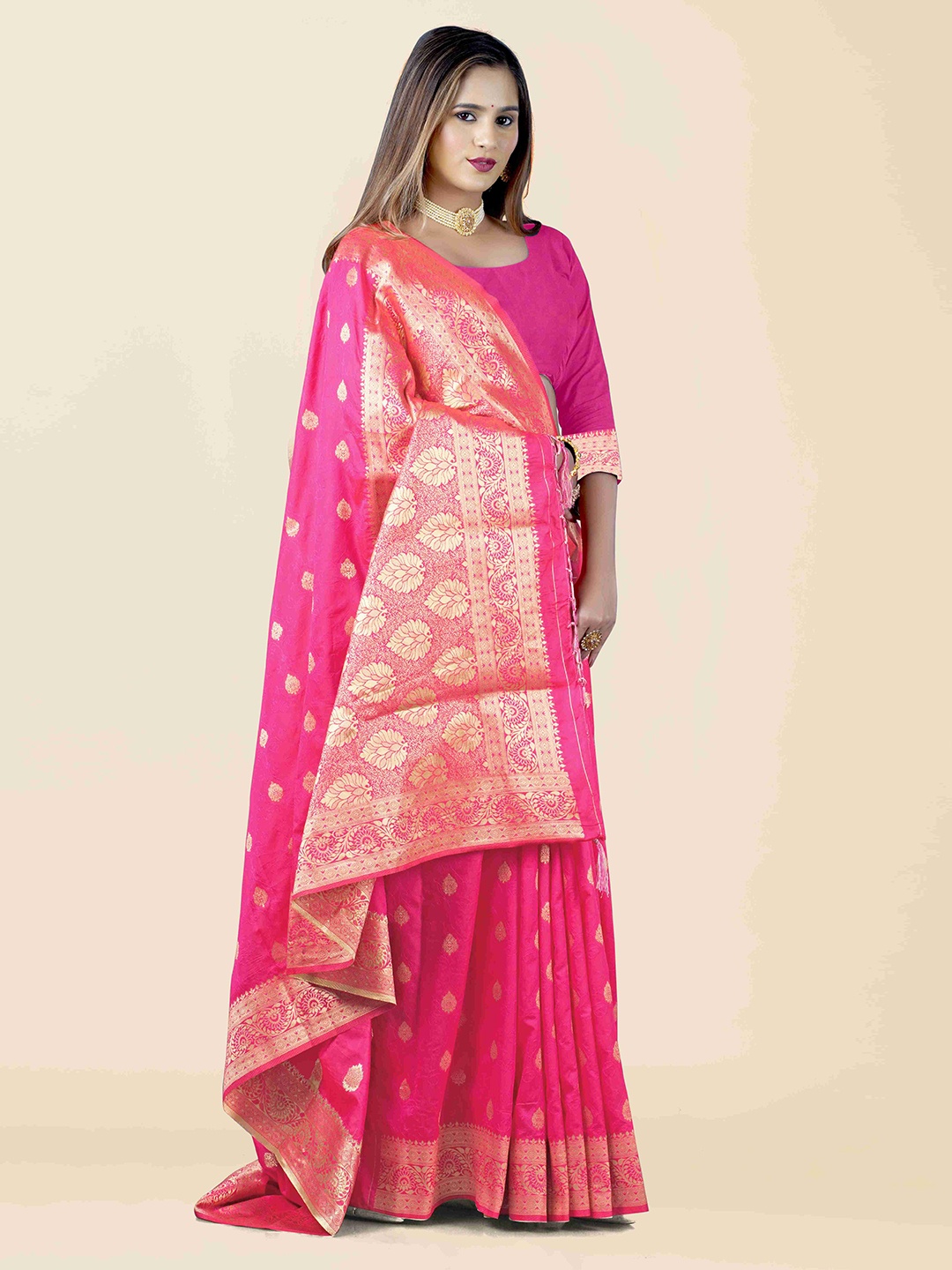 

KAJREE Ethnic Motifs Zari Pure Silk Uppada Saree, Pink