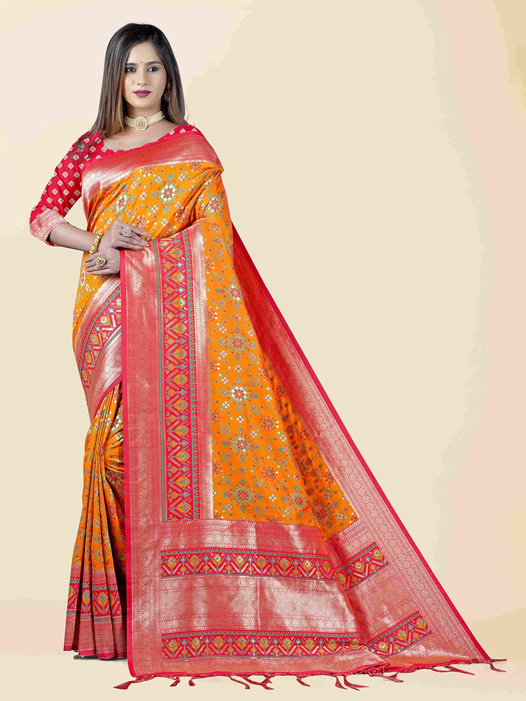 

KAJREE Ethnic Motifs Zari Pure Silk Patola Saree, Orange