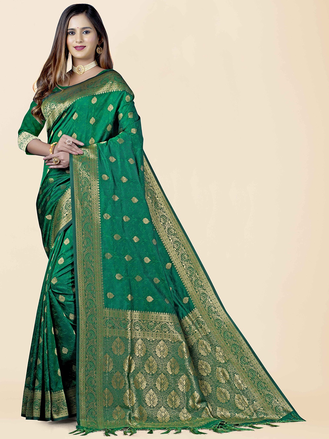 

KAJREE Ethnic Motifs Zari Pure Silk Uppada Saree, Green