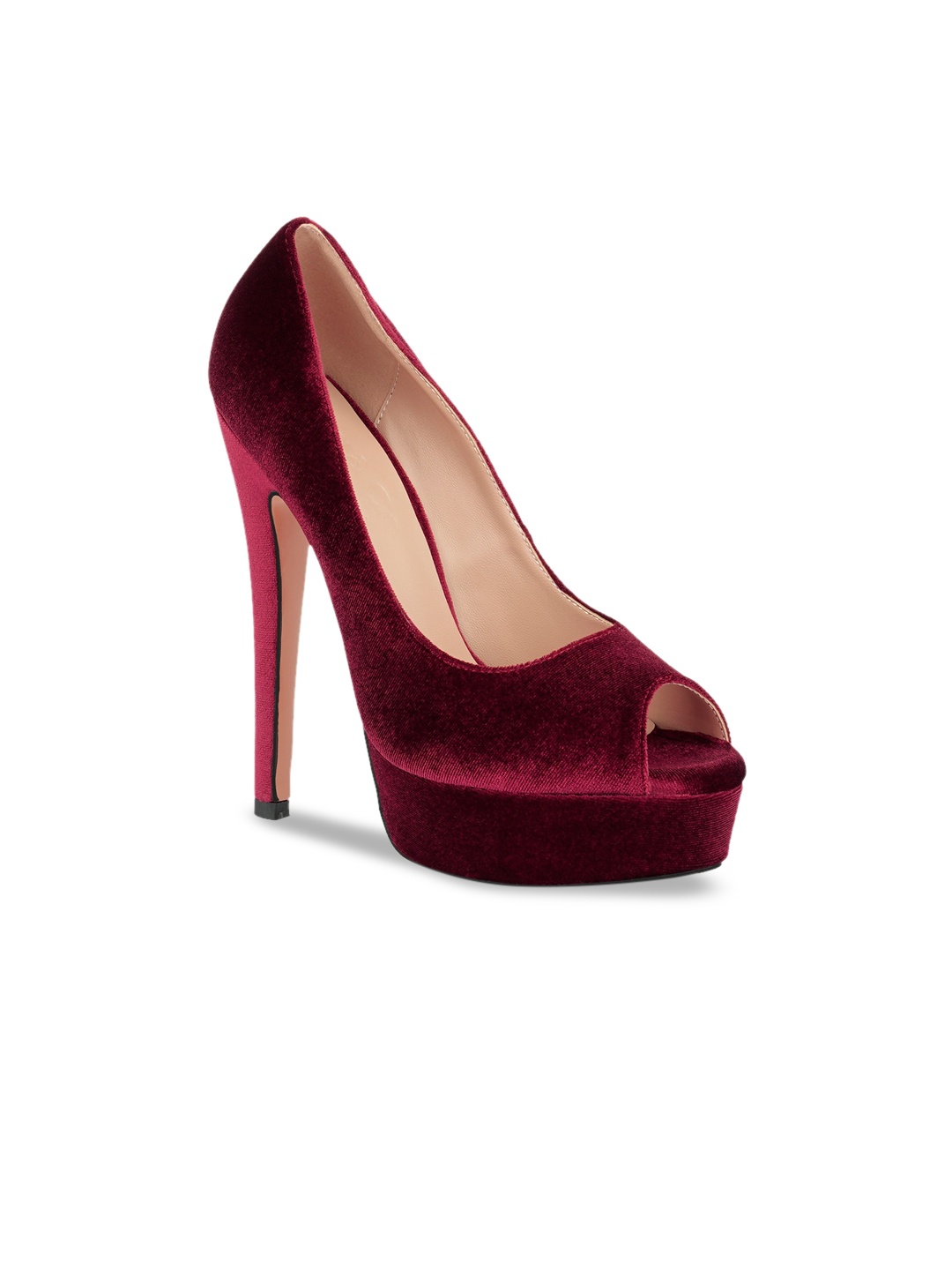 

RAG & CO Women Solid Velvet Stiletto Peep Toes, Maroon