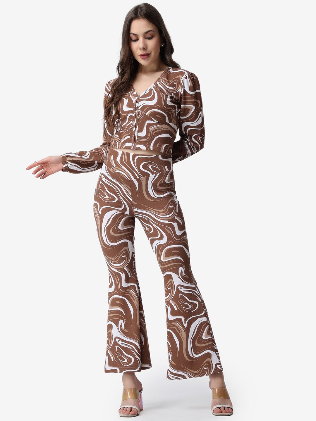 

Popwings Women Marble Printed Co-Ord, Brown