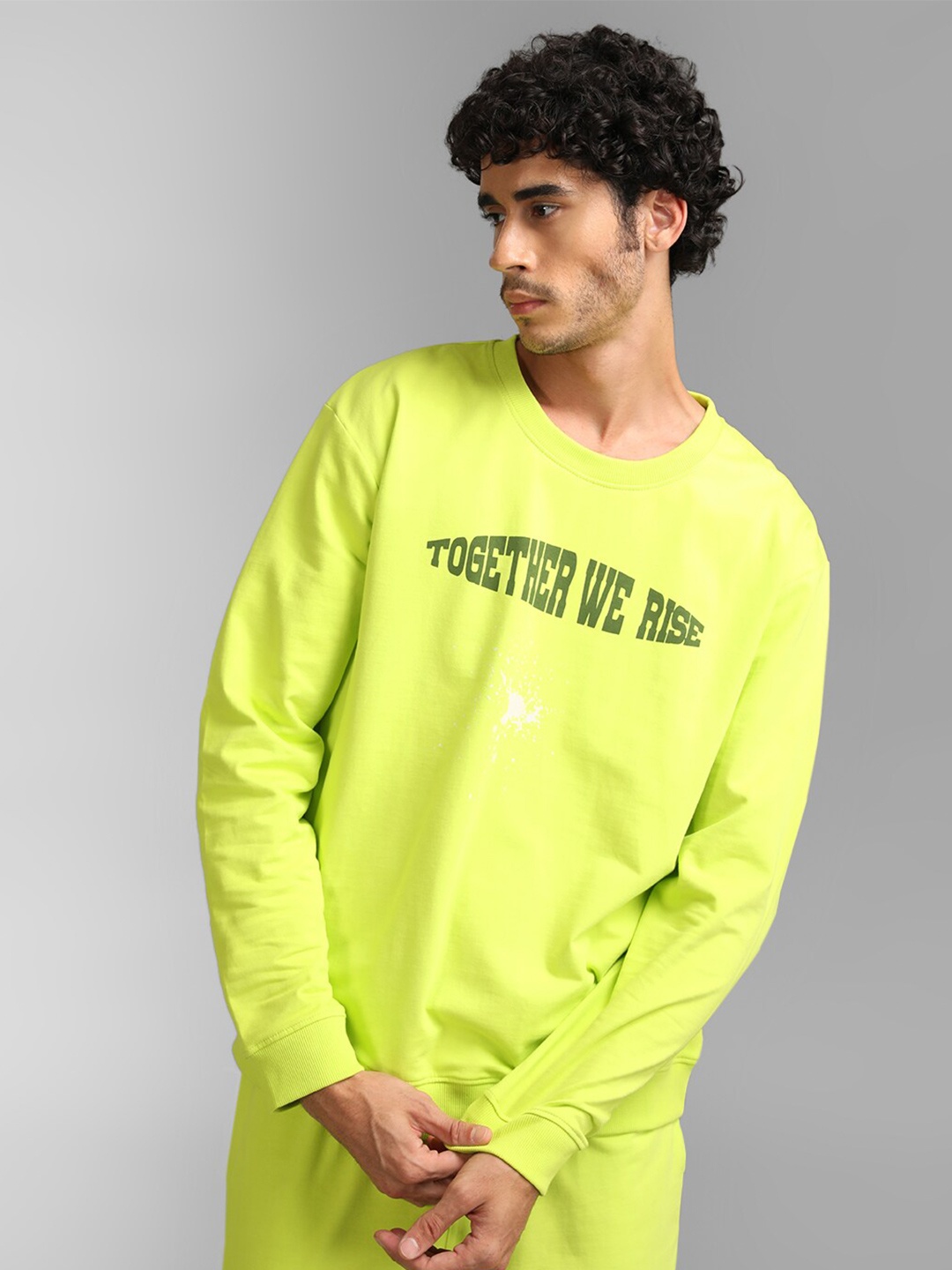 

KZ07 By Kazo Men Printed Cotton Round Neck Sweatshirt, Fluorescent green