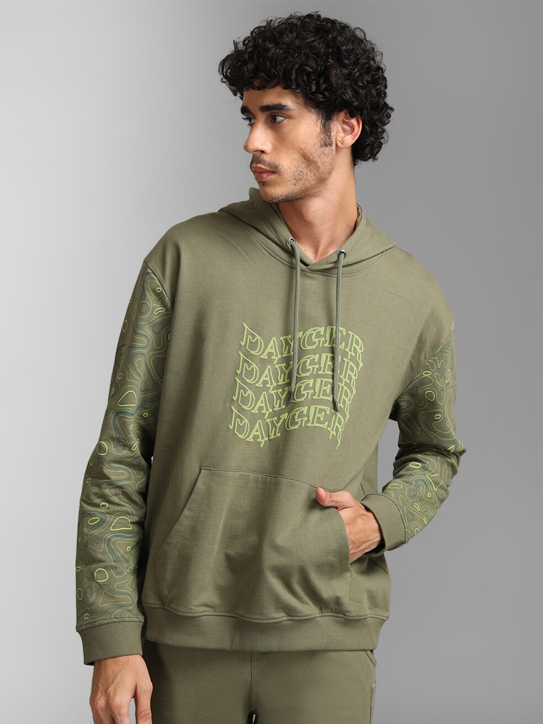 

KZ07 By Kazo Men Printed Cotton Hooded Sweatshirt, Olive