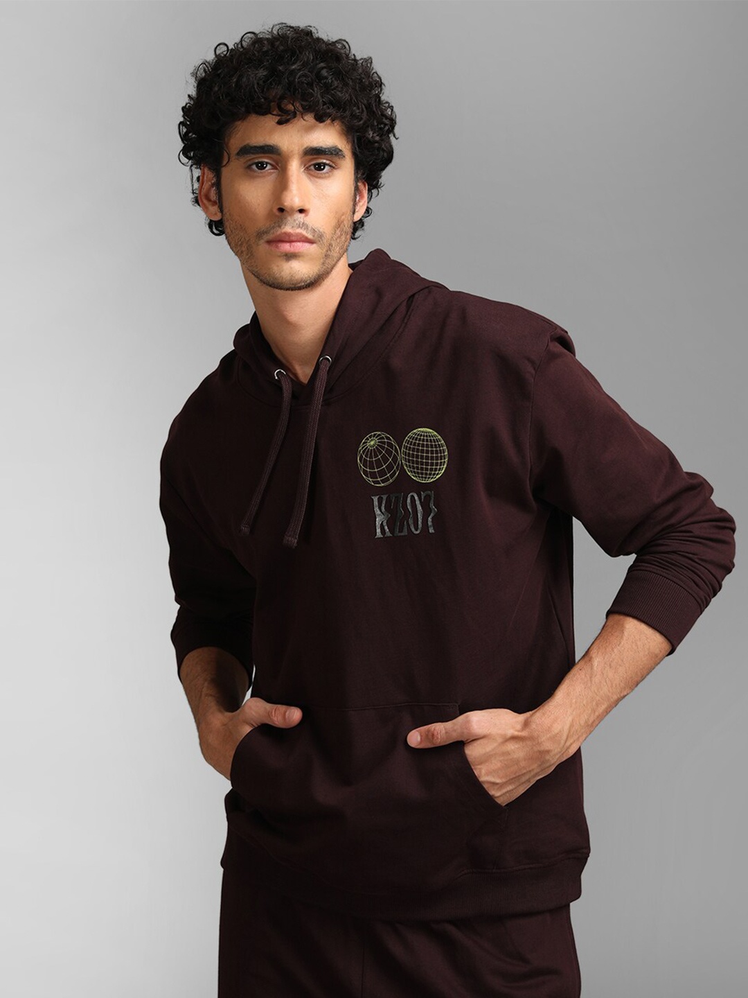 

KZ07 By Kazo Men Brown Printed Hooded Cotton Sweatshirt