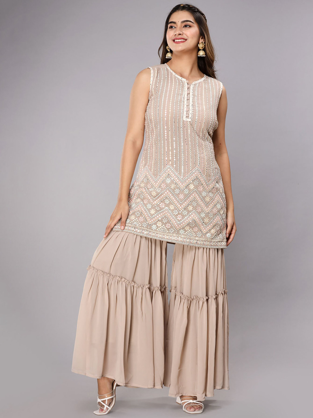 

FASHION DWAR Women Beige Embroidered Mirror Work Silk Georgette Kurta Set