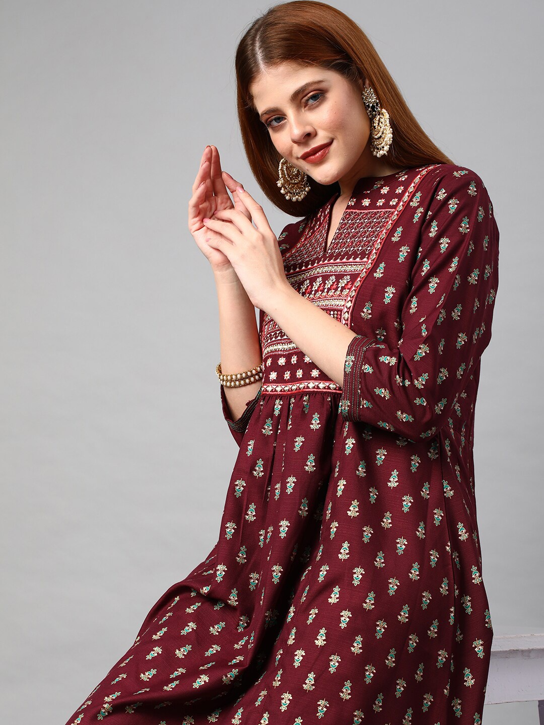 

KALINI Cotton Floral Printed Thread Work Kurta, Maroon