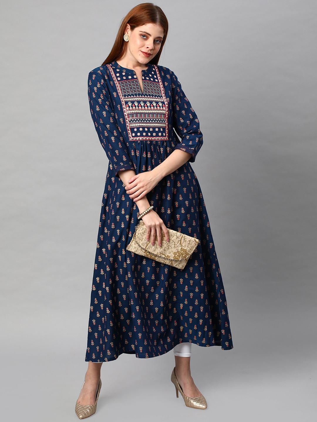 

KALINI Floral Thread Work Anarkali Pure Cotton Kurta, Navy blue