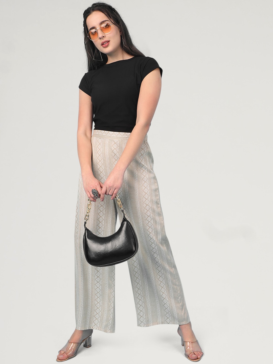 

J Turritopsis Women Foil Printed Round Neck Crop Top & Bottom Co-Ord, Beige