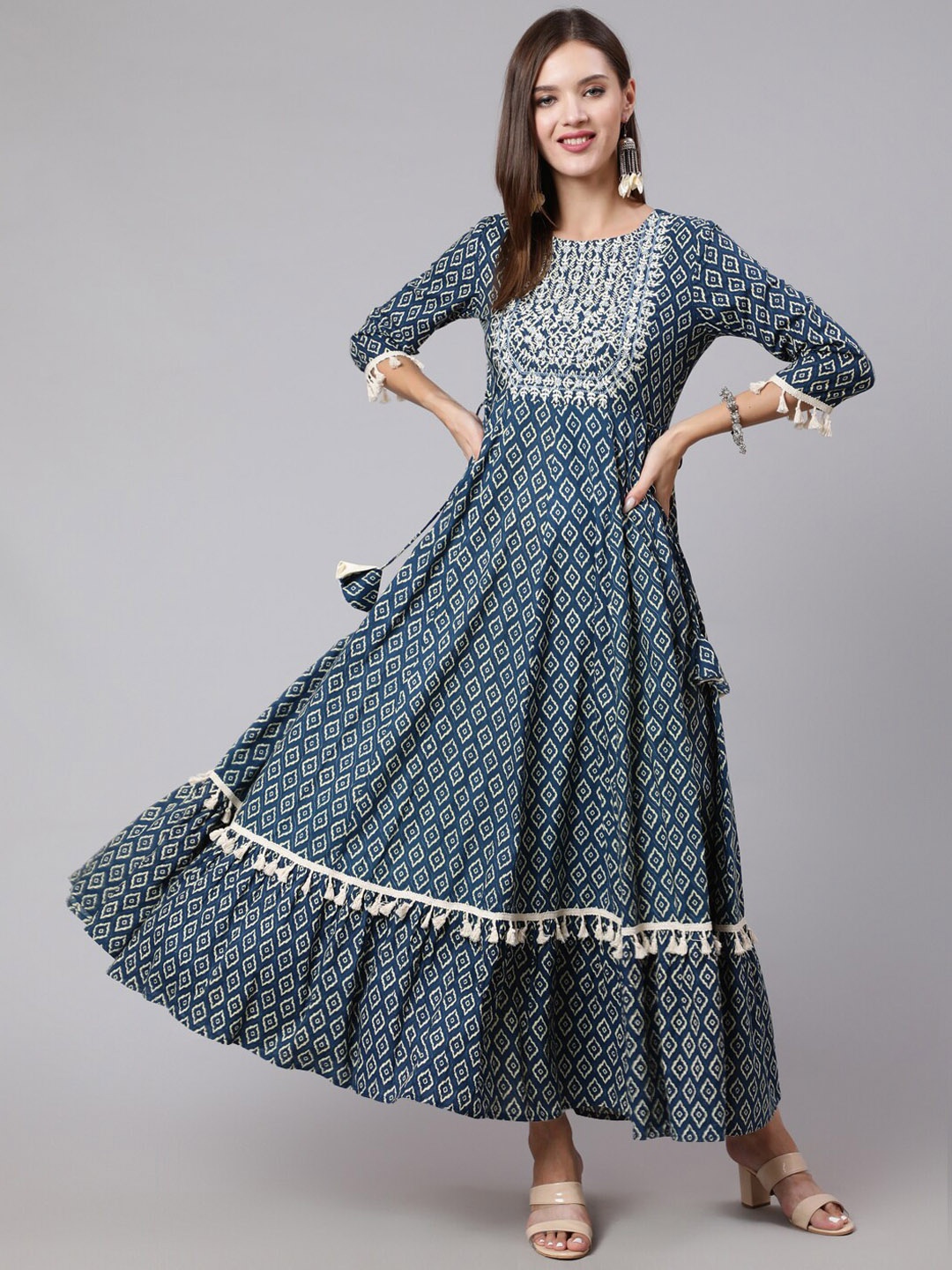 

INDIE CLOSET Ethnic Motifs Printed Zari Cotton Anarkali Kurta, Blue