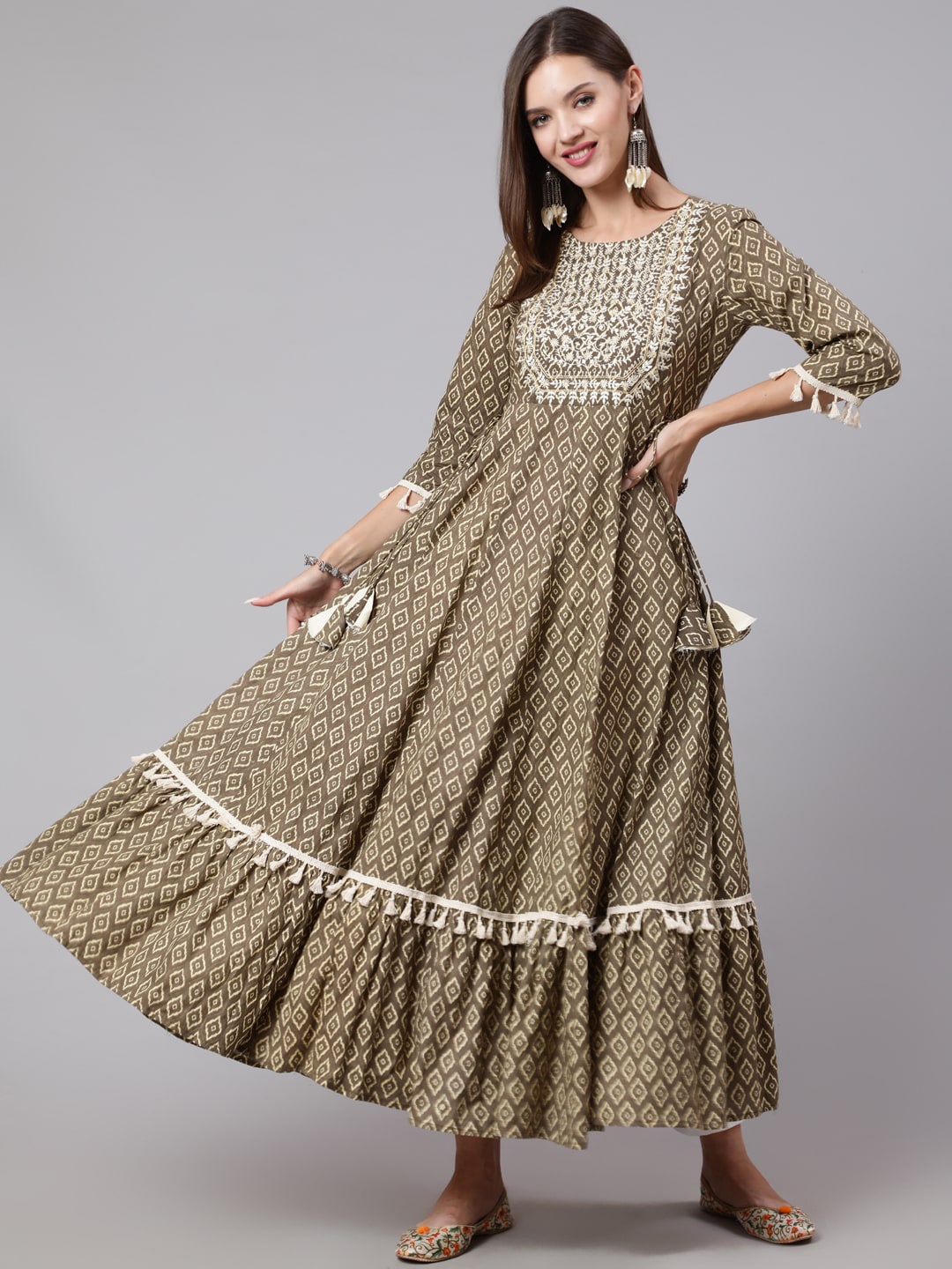 

INDIE CLOSET Women Geometric Printed Pure Cotton Ethnic Dress, Olive