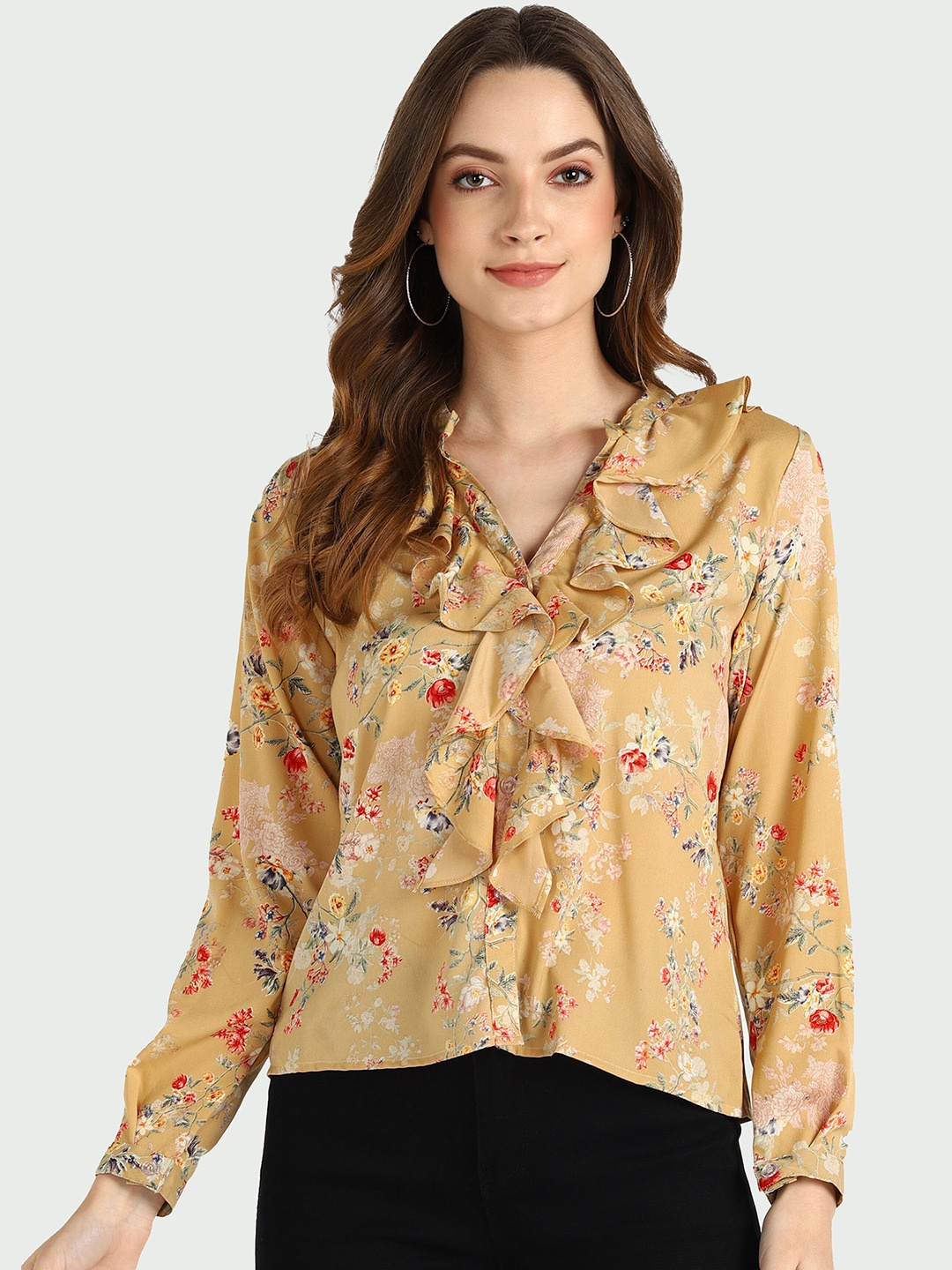 

shashvi Floral Print Mandarin Collar Ruffles Crepe Top, Yellow