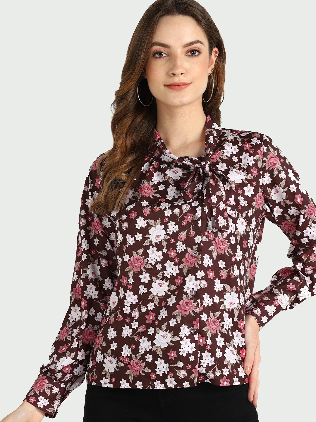 

shashvi Floral Printed Tie-Up Neck Crepe Top, Maroon
