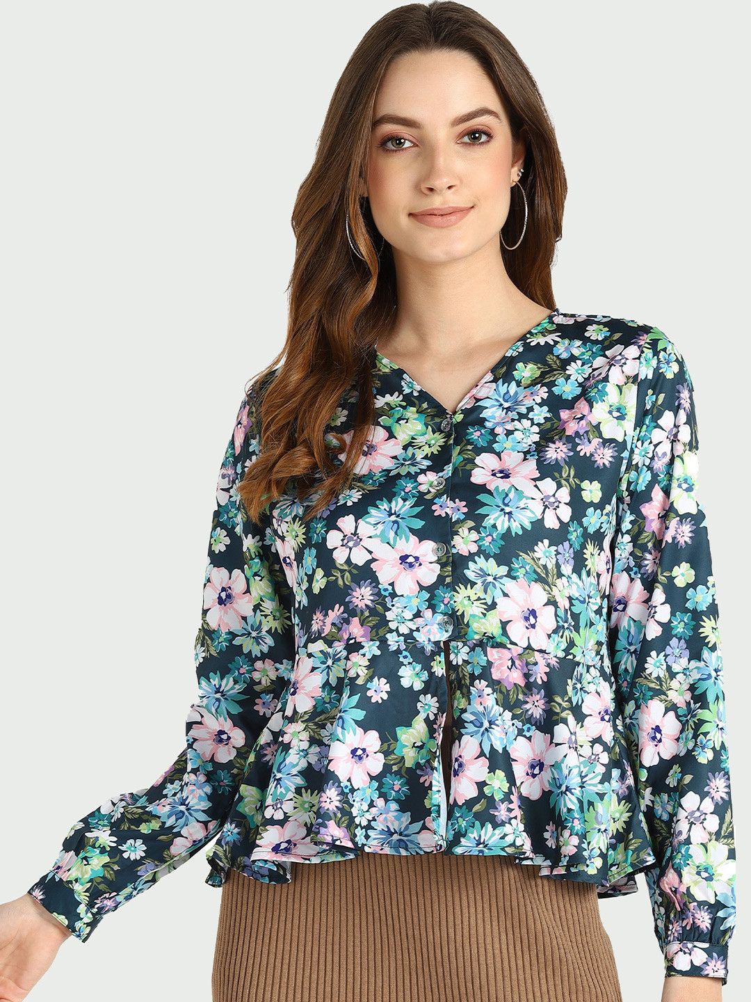 

shashvi Floral Print Crepe Peplum Top, Green