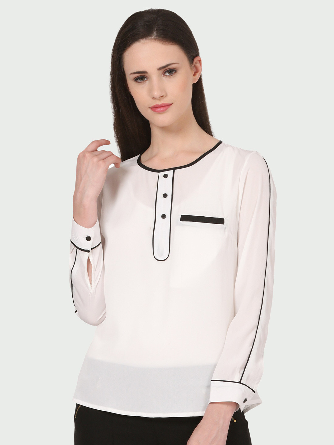 

shashvi Monochrome Cuffed Sleeves Regular Top, White