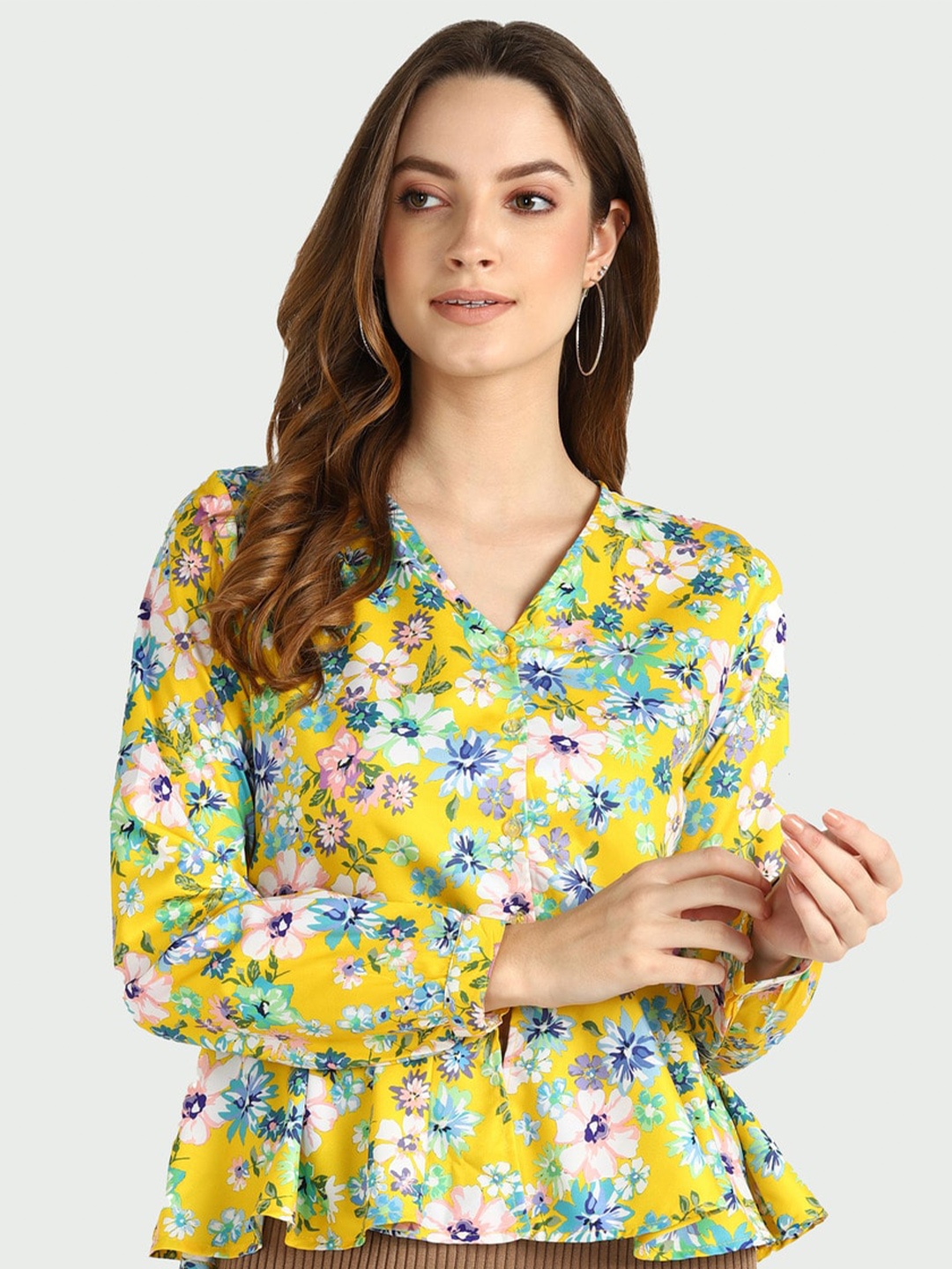 

shashvi Floral Printed V-Neck Peplum Top, Yellow