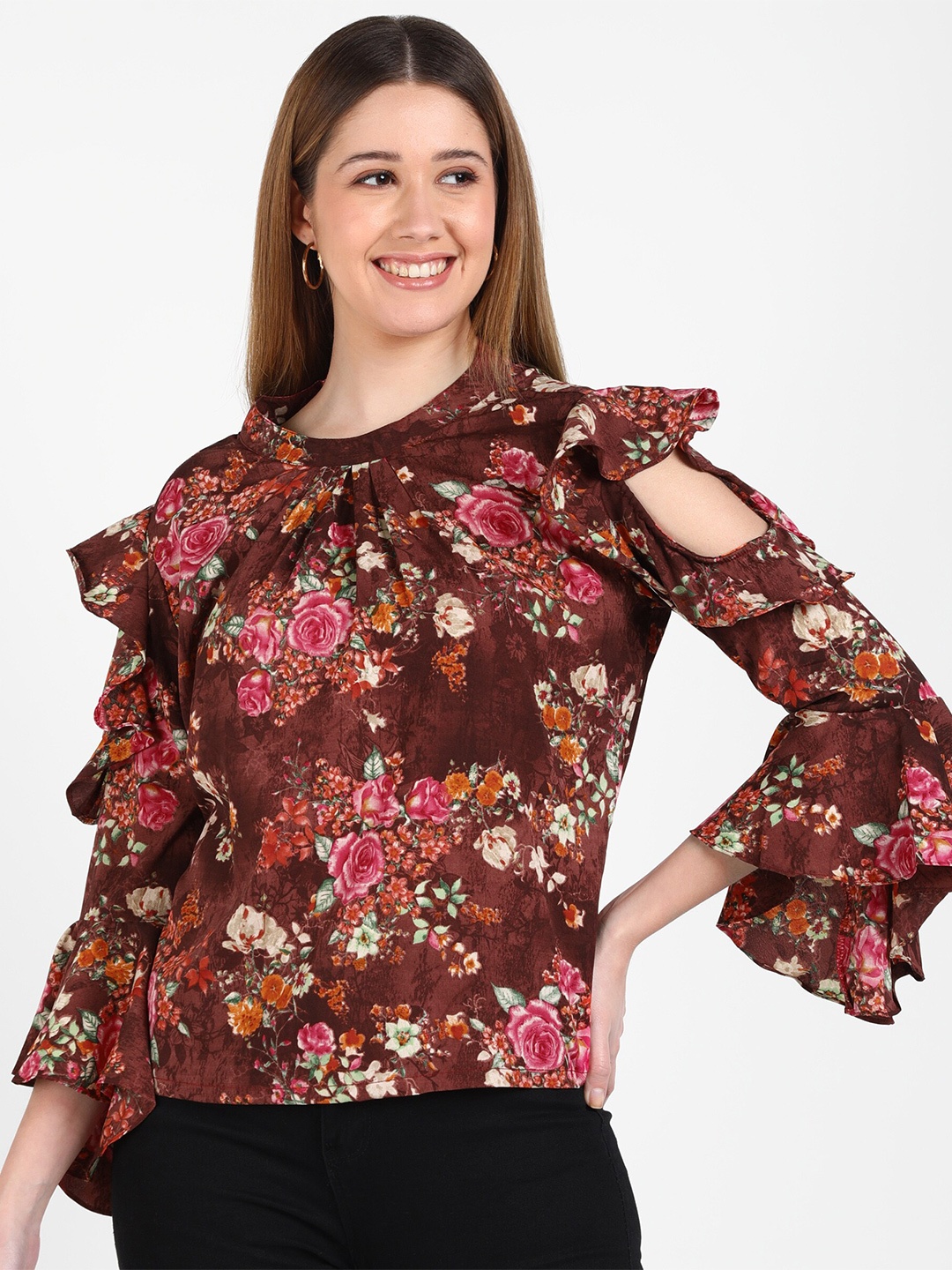 

shashvi Floral Print Crepe Top, Brown