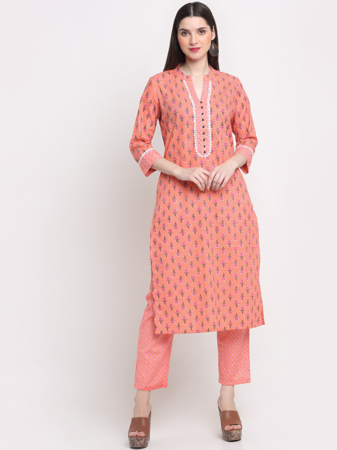 

KALINI Women Floral Printed Pure Cotton Kurta With Trousers & Dupatta, Peach