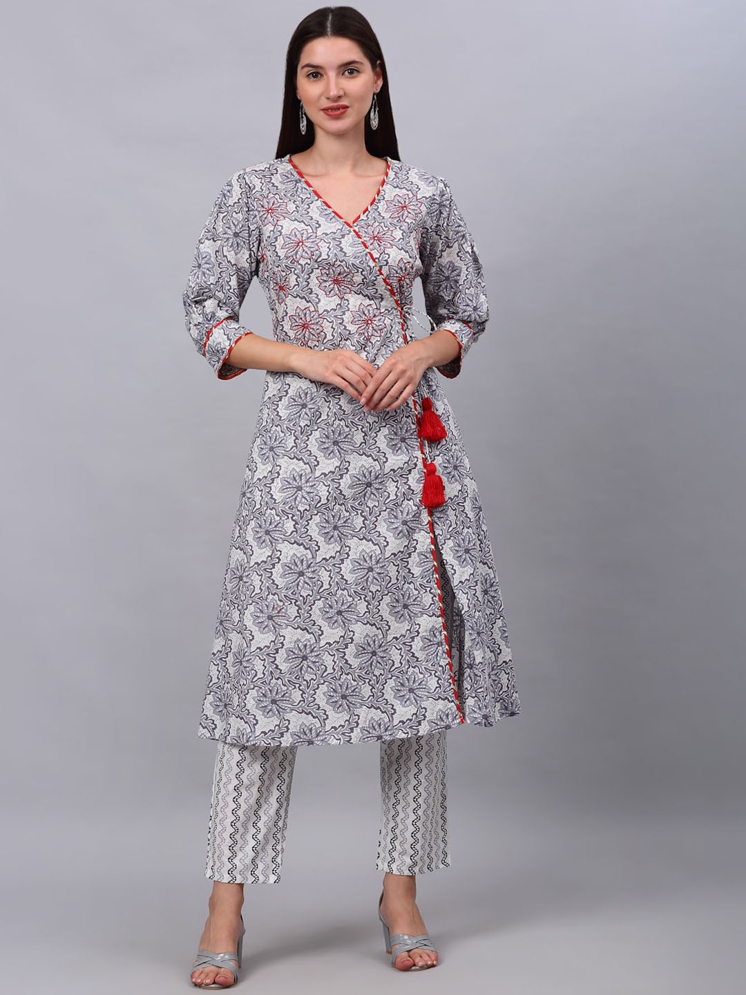 

KALINI Women Ethnic Motifs Printed Angrakha Thread Work Pure Cotton Kurta With Trousers, Grey