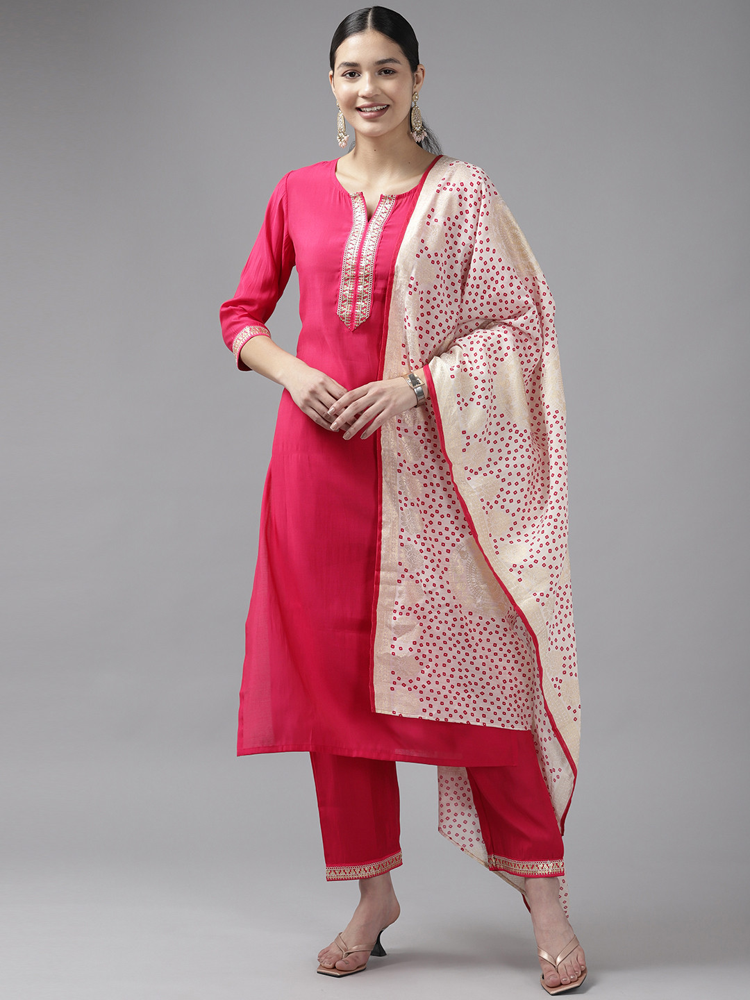 

Yufta Women Yoke Design Sequinned Kurta with Trousers & With Dupatta, Pink