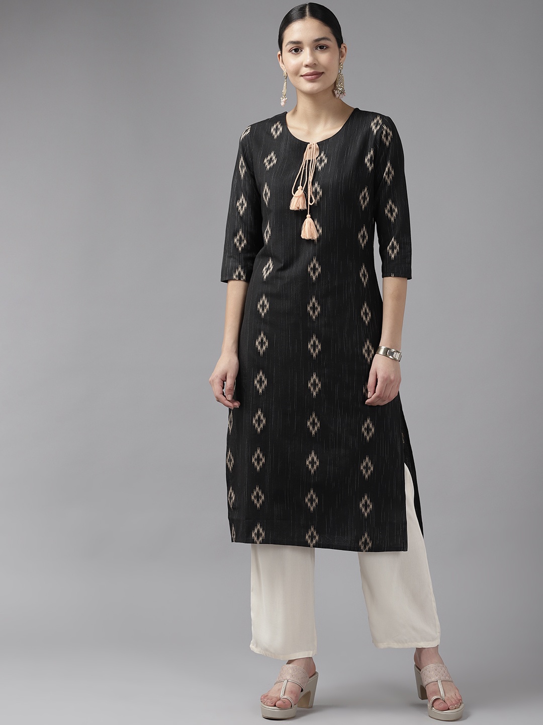 

Yufta Women Woven Design Straight Kurta, Black