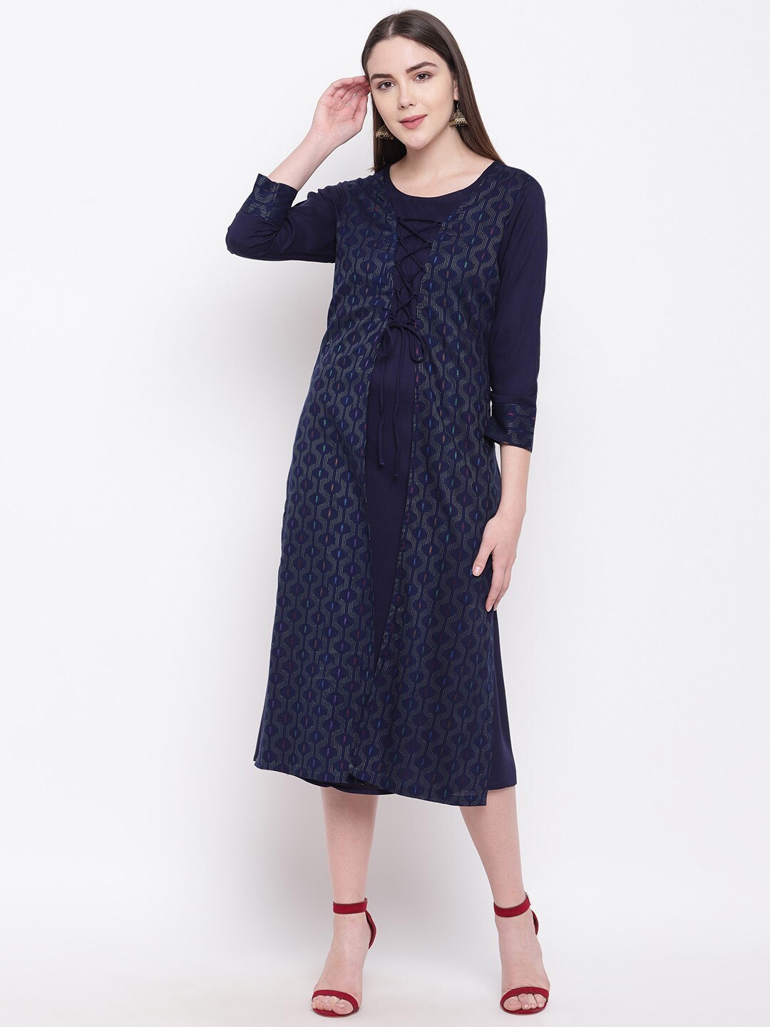 

RIVI Ethnic Motifs Ethnic A-Line Cotton Midi Dress with Tie Up Details, Navy blue