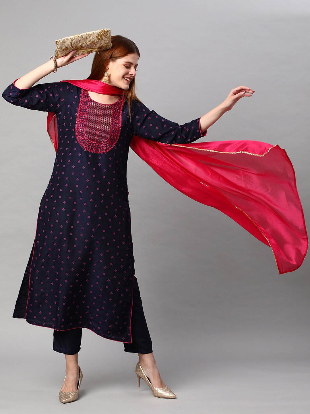 

KALINI Women Printed Sequinned Kurta With Trousers & Dupatta, Navy blue