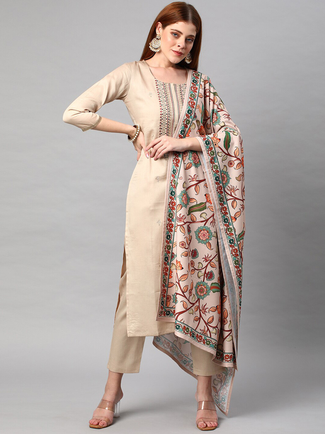 

KALINI Women Thread Work Kurta With Trousers & Dupatta, Beige