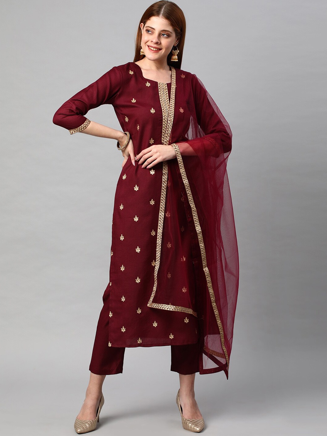 

KALINI Women Floral Embroidered Kurta With Trousers & Dupatta, Maroon