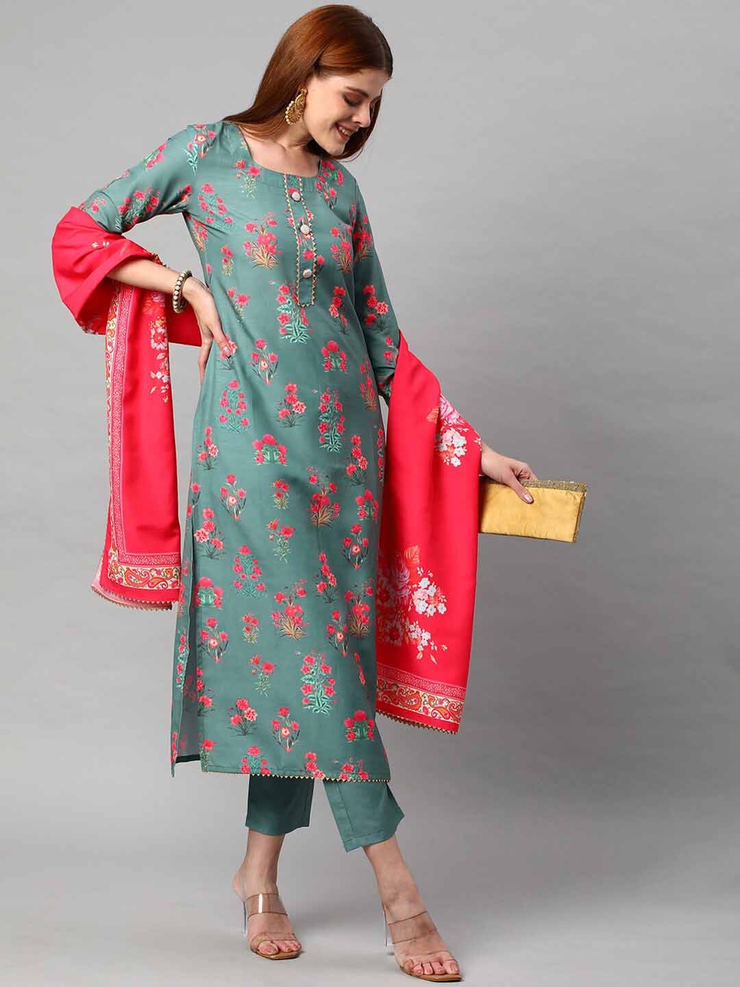 

KALINI Women Floral Printed Gotta Patti Kurta With Trousers & Dupatta, Green
