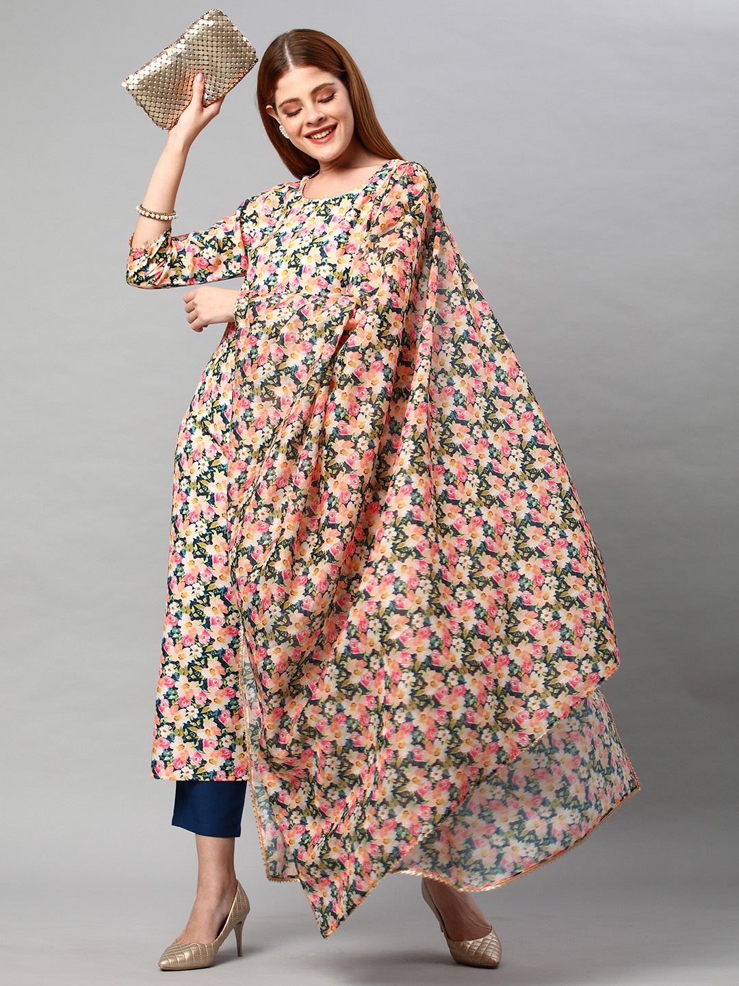 

KALINI Multi Floral Printed Kurta with Trousers & With Dupatta, Green